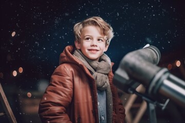 Cute little boy looking through a telescope on a winter night.