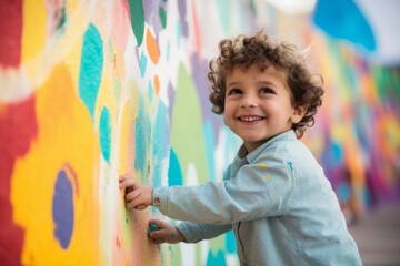 Medium shot portrait photography of a cheerful child male that is wearing a simple tunic against a vibrant street art mural painting in progress background .  Generative AI