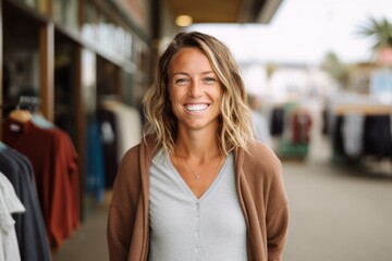 Portrait of smiling woman standing in clothing store on a sunny day