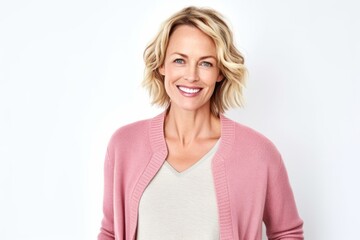 Portrait of a happy mature woman smiling at the camera on white background