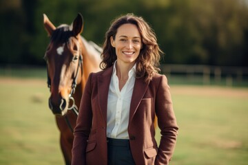 Fototapeta premium Portrait of a beautiful young woman standing with a horse in the park