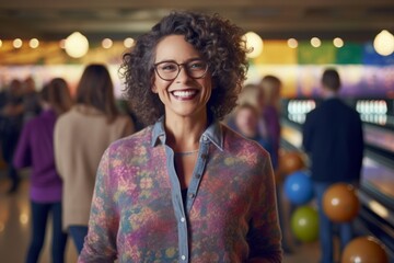 Obraz premium Portrait of smiling young woman with curly hair in front of bowling alley