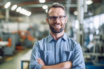 Obraz premium Medium shot portrait photography of a cheerful man in his 30s that is wearing a simple tunic against a busy factory assembly line with workers background . Generative AI