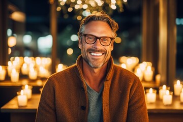 Obraz premium Medium shot portrait photography of a cheerful man in his 40s that is wearing a chic cardigan against a candlelit date night setting with a romantic ambiance background . Generative AI