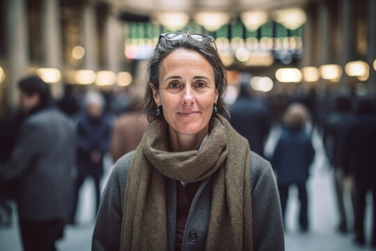 Medium shot portrait photography of a grinning woman in her 40s that is wearing a chic cardigan against a bustling day at the stock exchange with traders background .  Generative AI