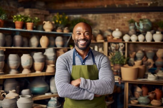 Portrait of smiling african american potter standing with arms crossed in pottery workshop