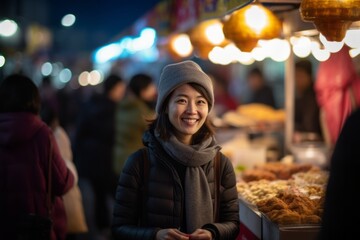 Obraz premium Beautiful asian tourist woman shopping at night market in Seoul, South Korea