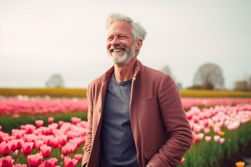 Medium shot portrait photography of a cheerful man in his 50s that is wearing a chic cardigan against a beautiful tulip field in full bloom with a windmill background .  Generative AI