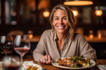 Portrait of happy mature woman sitting at table in restaurant and smiling.