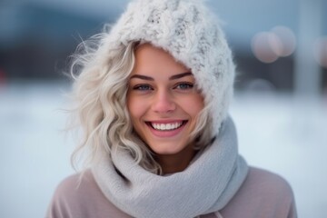 Close up portrait of a beautiful young woman in winter hat and scarf