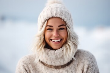 Medium shot portrait photography of a cheerful woman in her 20s that is wearing a cozy sweater against a polar or ice cap background .  Generative AI