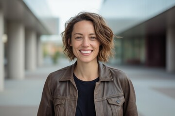 Portrait of a smiling young woman standing in the hallway of a modern building