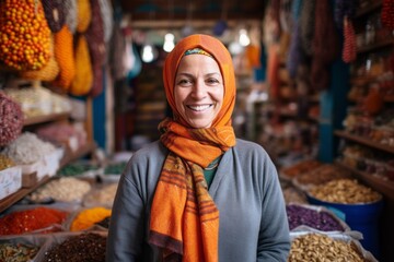 Obraz premium Medium shot portrait photography of a grinning woman in her 40s that is wearing a foulard against a bustling trader's market with colorful fabrics and spices background . Generative AI