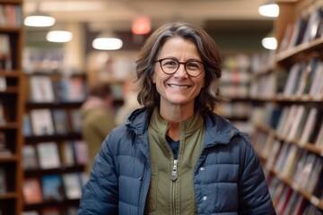 Portrait of smiling mature woman standing in book store and looking at camera