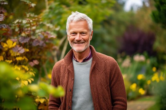 Medium shot portrait photography of a cheerful man in his 60s that is wearing a chic cardigan against a garden or botanical background .  Generative AI
