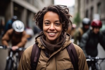 Fototapeta premium Portrait of smiling young woman with afro hairstyle in city