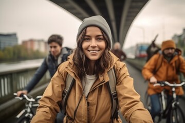 Smiling young woman riding a bicycle on a bridge in the city