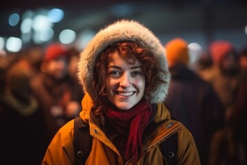 Obraz premium Portrait of a beautiful young woman in winter clothes at the fair