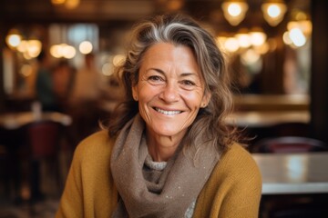 Medium shot portrait photography of a grinning woman in her 50s that is wearing a chic cardigan against a parisian or european cafe background .  Generative AI