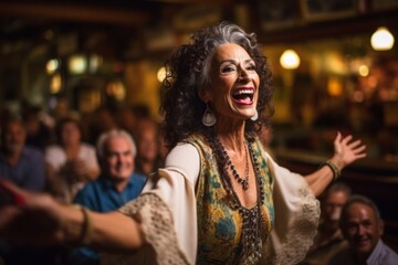 Medium shot portrait photography of a cheerful woman in her 40s that is wearing a chic cardigan against a lively flamenco performance in a spanish taverna background .  Generative AI - obrazy, fototapety, plakaty