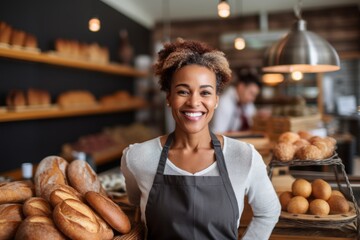 Medium shot portrait photography of a cheerful woman in her 40s that is wearing a chic cardigan against a busy bakery with freshly baked goods and bakers at work background .  Generative AI - obrazy, fototapety, plakaty
