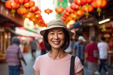 Portrait of happy senior Asian woman in hat and t-shirt walking in Chinatown