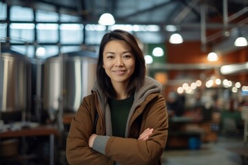 Portrait of a beautiful asian woman smiling at the camera in a brewery