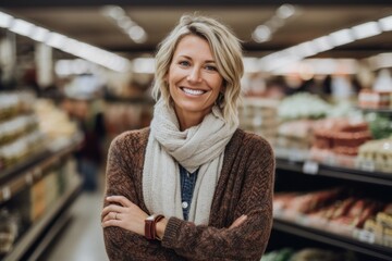 Portrait of smiling mature woman standing with arms crossed at grocery store