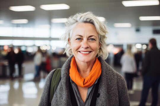 Medium shot portrait photography of a grinning woman in her 50s that is wearing a chic cardigan against a bustling airport terminal with passengers and flights background .  Generative AI