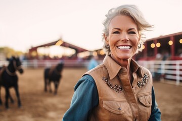 Portrait of a smiling mature cowgirl standing with her horses on ranch