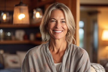 Portrait of beautiful mature woman in pajamas smiling at camera