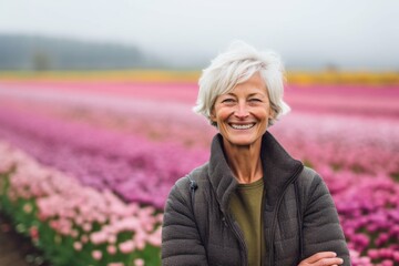 Fototapeta na wymiar Medium shot portrait photography of a grinning woman in her 50s that is wearing a chic cardigan against a flower field or tulip field background . Generative AI