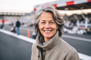 Fototapeta premium portrait of smiling senior woman in grey coat standing on parking lot