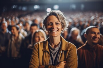 Portrait of a beautiful young woman with a smile on her face standing in front of a crowd of people