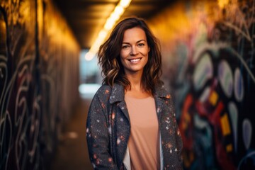 Fototapeta premium Portrait of a beautiful young woman smiling in a tunnel with graffiti