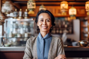 Portrait of a smiling businesswoman sitting at a table in a cafe