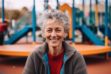 Medium shot portrait photography of a grinning woman in her 50s that is wearing a chic cardigan against an active playground with children playing background .  Generative AI