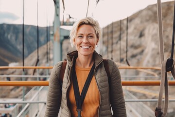 Medium shot portrait photography of a pleased woman in her 40s that is wearing a chic cardigan against an adrenaline-pumping bungee jumping platform background .  Generative AI