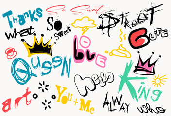 Graffiti words and elements, street art with spray paint drips. Abstract urban wall scribbles savage © Sukman