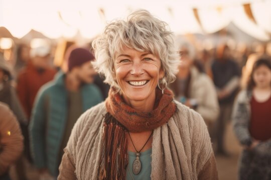 Medium shot portrait photography of a grinning woman in her 50s that is wearing a cozy sweater against an outdoor music festival with attendees having fun background .  Generative AI