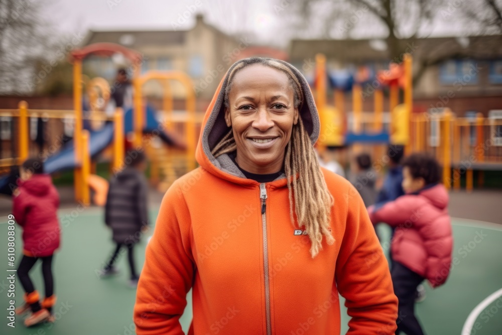 Wall mural African american woman with dreadlocks in an orange hooded sweatshirt on a playground