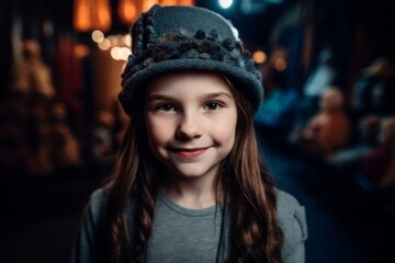 Medium shot portrait photography of a grinning child female that is wearing a cool cap or hat against a backstage of a theater with costumes and props background .  Generative AI