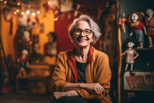 Medium Shot Portrait Photography Of A Grinning Woman In Her 50s That Is Wearing Knee-length Shorts Against A Backstage Of A Theater With Costumes And Props Background .  Generative AI