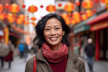 Portrait of a happy Chinese woman walking in Chinatown, China.