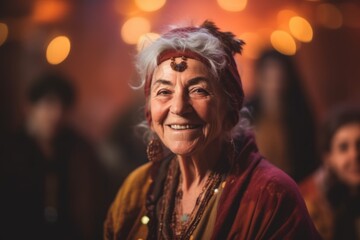 Medium shot portrait photography of a grinning woman in her 60s that is wearing a warm parka against an entrancing belly dance performance in a venue background .  Generative AI