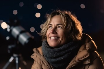 Close up of a mature woman looking at a telescope in the night