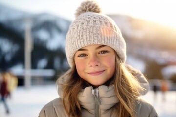 Medium shot portrait photography of a grinning child female that is wearing a cozy sweater against an active ski resort with visitors enjoying the slopes background .  Generative AI