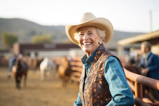 Medium shot portrait photography of a grinning woman in her 80s that is wearing a chic cardigan against a lively rodeo event with barrel racing and bull riding background .  Generative AI