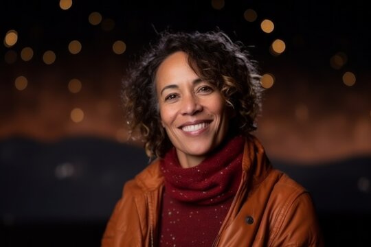 Medium shot portrait photography of a pleased woman in her 40s that is wearing a cozy sweater against a captivating stargazing event with telescopes background .  Generative AI