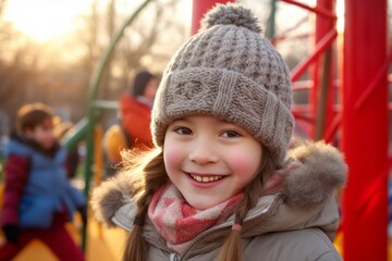 Cute little girl having fun on children's playground on winter day